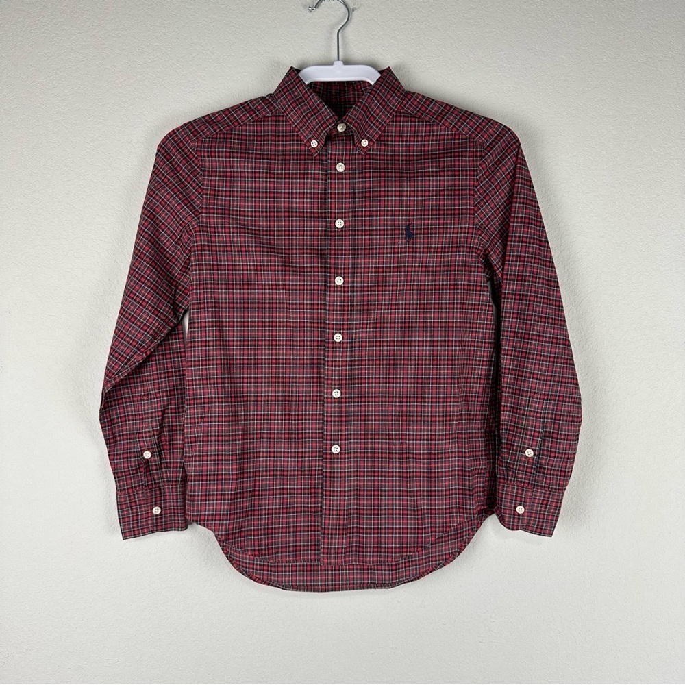 Ralph Lauren Boys Red Black Plaid Button Down Long Sleeve Shirt Medium 10-12
